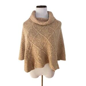 Womens Wool Blend Knit Poncho One Size Tan Cowl Neck Cozy Italy Boho Chic Layers